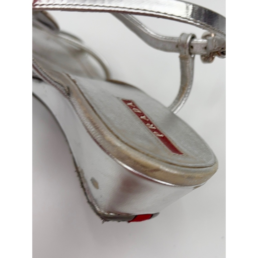 B5 Prada Metallic Leather Wedge Sandals 9.5 Silver T-Strap Medallion Strappy - Picture 10 of 14